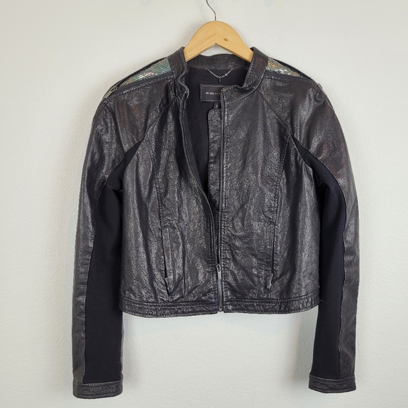 Bcbg black 100% leather moto sequin zipper jacket - Picture 10 of 16